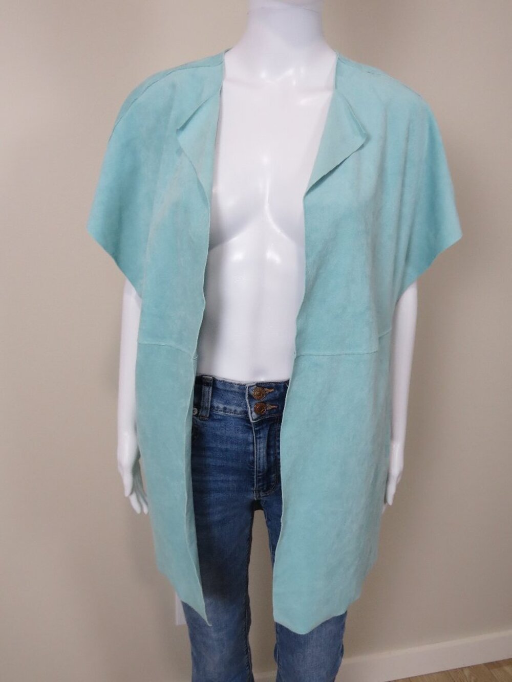 Chico's Washable Faux Suede Black Label Open Front Jacket SIZE 0 (US 4) Teal